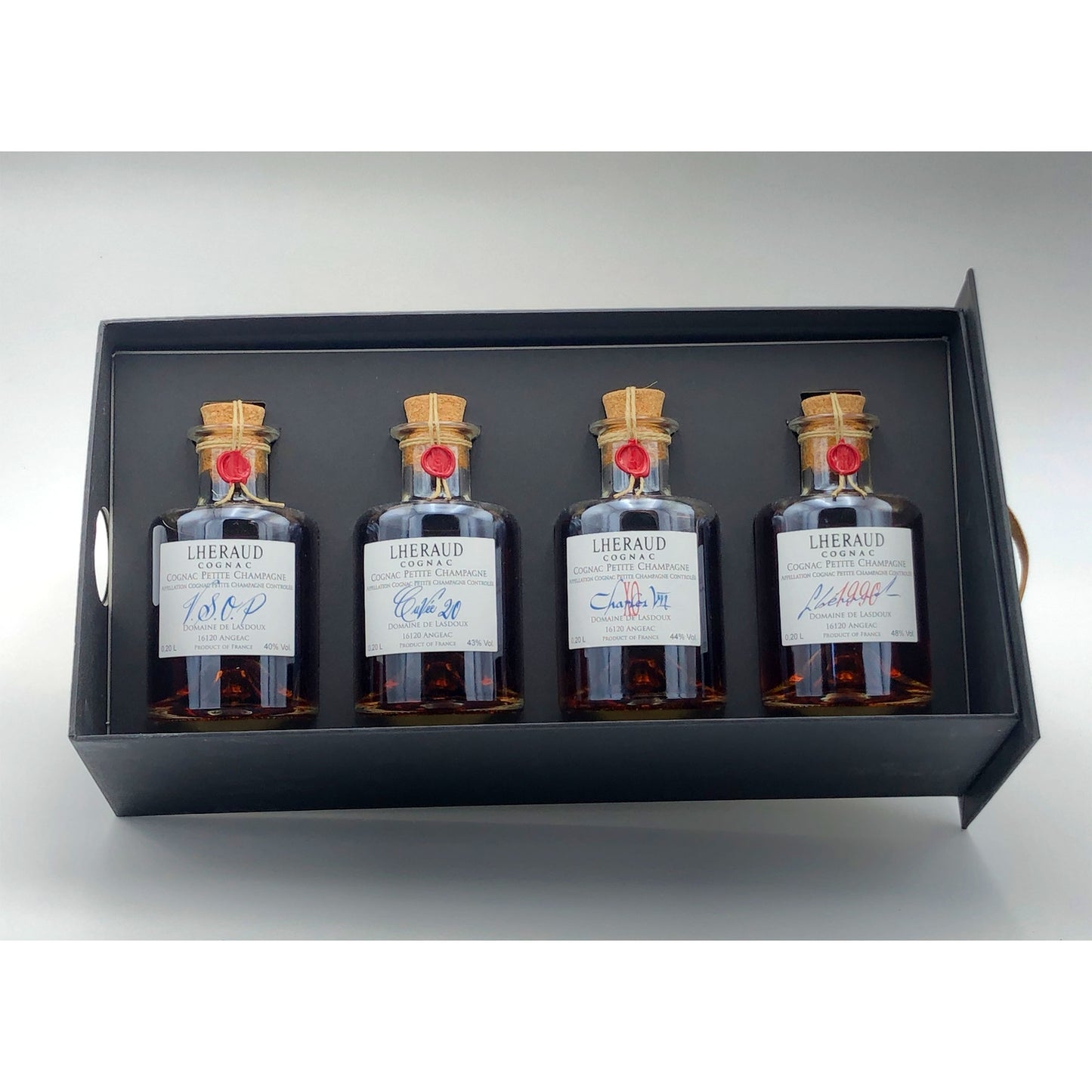 LHERAUD TASTING SET COGNAC VSOP + CUVEE 20 + CHARLES XO + VINTAGE 1990