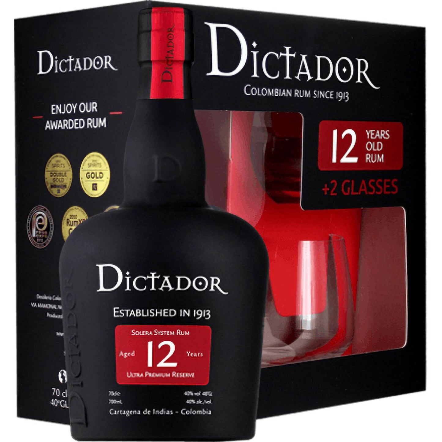 Dictador Rum 12'Yo 40% 0,7L Kartonik + 2 Szklanki