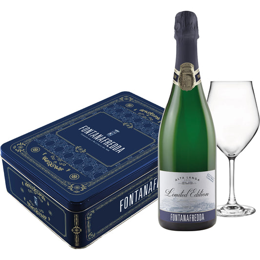 ZESTAW FONTANAFREDDA ALTA LANGA BRUT Z KIELISZKIEM W METALOWEJ PUSZCE